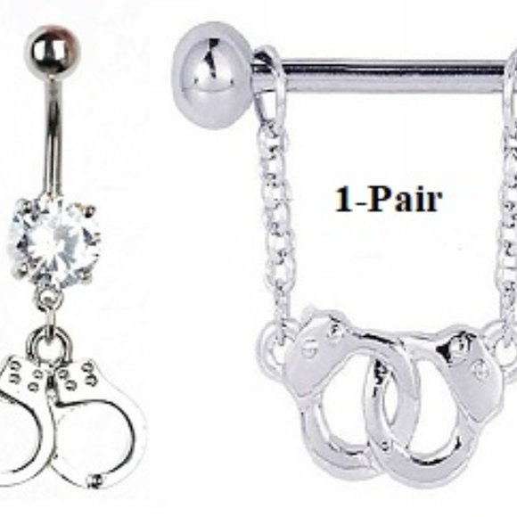 Navel & Nipple Piercing ~ Law Enforcement Handcuffs ~ Silver ~ Set - Picture 1 of 6